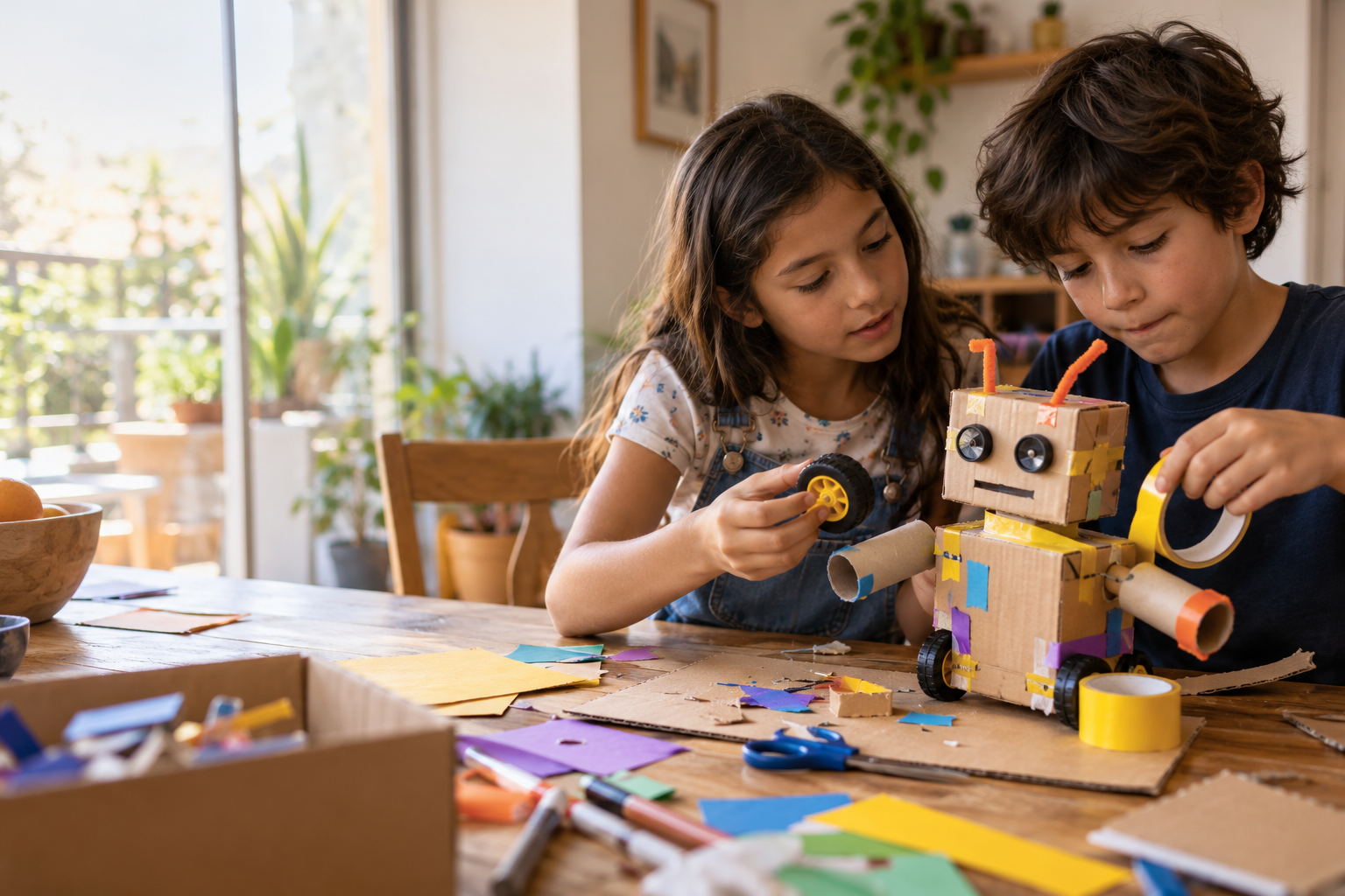 Dos chicos construyendo juntos un robot artesanal