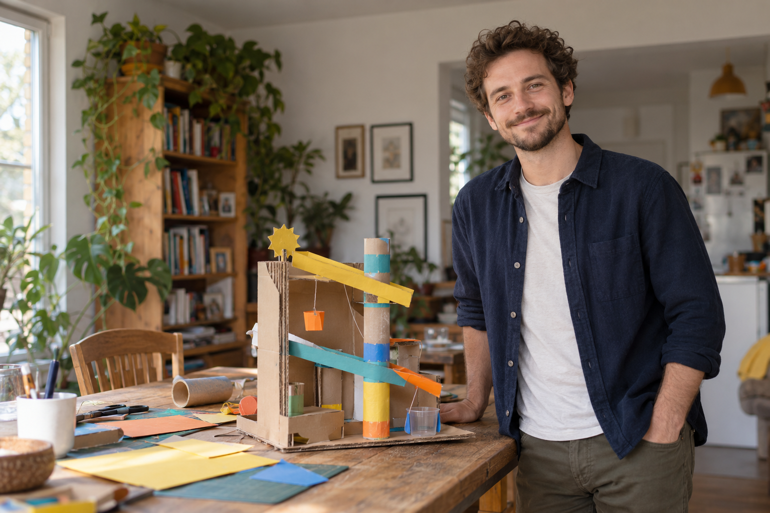 Profe Leo junto a un proyecto STEAM hecho en casa